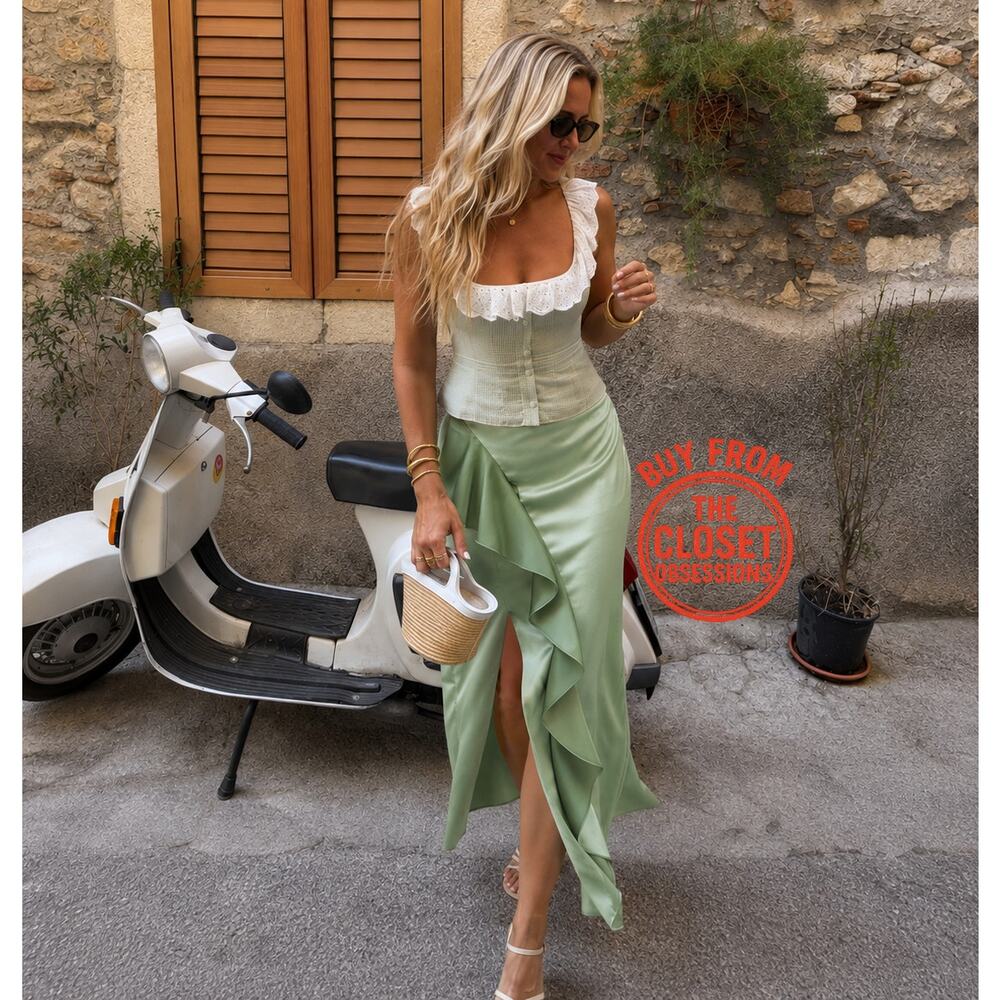 Zara NWT Mint Green Satin Ruffle Front Slit High Waist Midi Skirt M - Picture 4 of 16